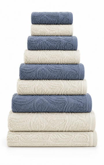 Kit 10 Toalhas Premium Jacquard – Azul Acinzentado & Marfim